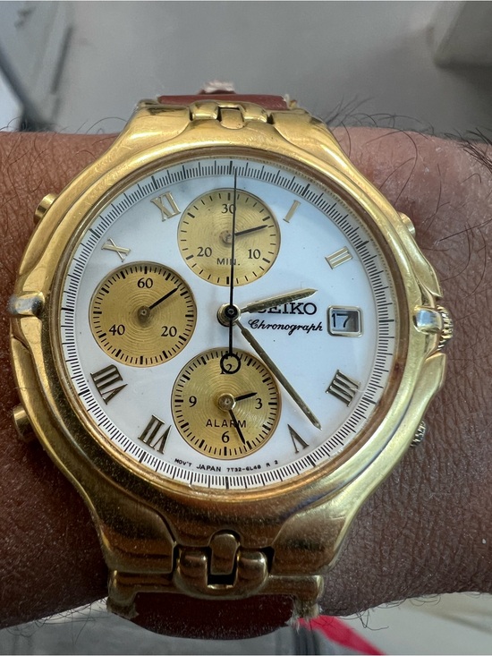 Seiko Other - Vtg Seiko 73T2-6L48 Goldtone/White Leather Chrono Alarm Men’s Watch w/Date.